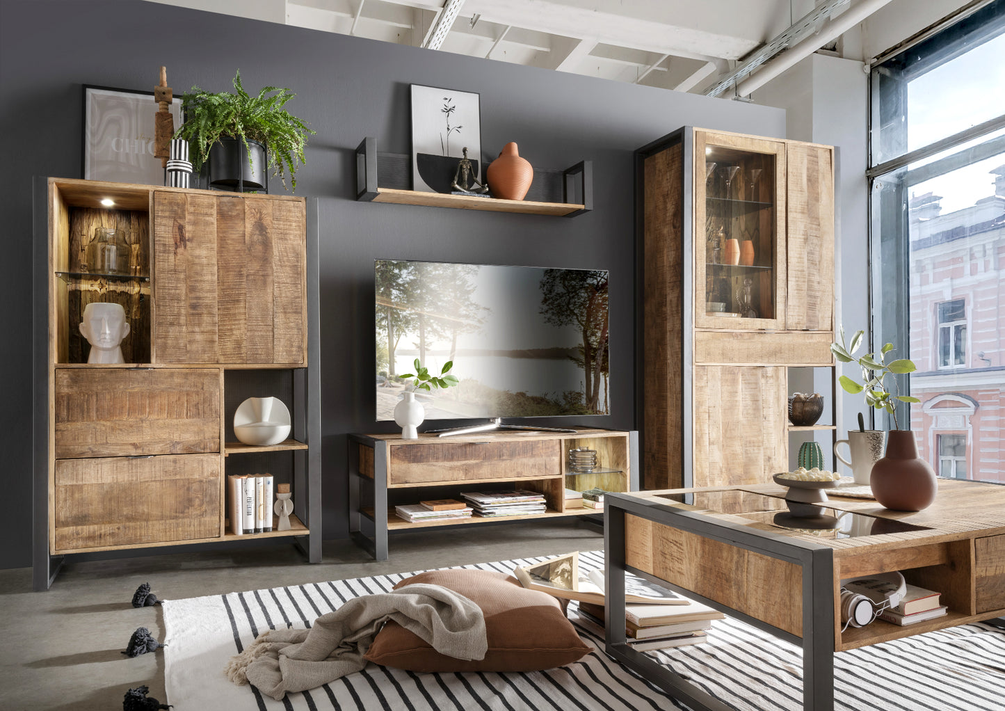 Wohnzimmer-Set Cayro 4-teilig inkl. Beleuchtung Mangoholz massiv multifarbig