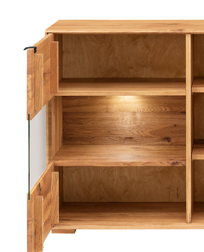 TPT Zerro Sideboard 3-türig mit 2 Glasfronten inkl. Beleuchtung, massiver Kernbuche/Eiche B/H/T 180 x 85 x 42 cm