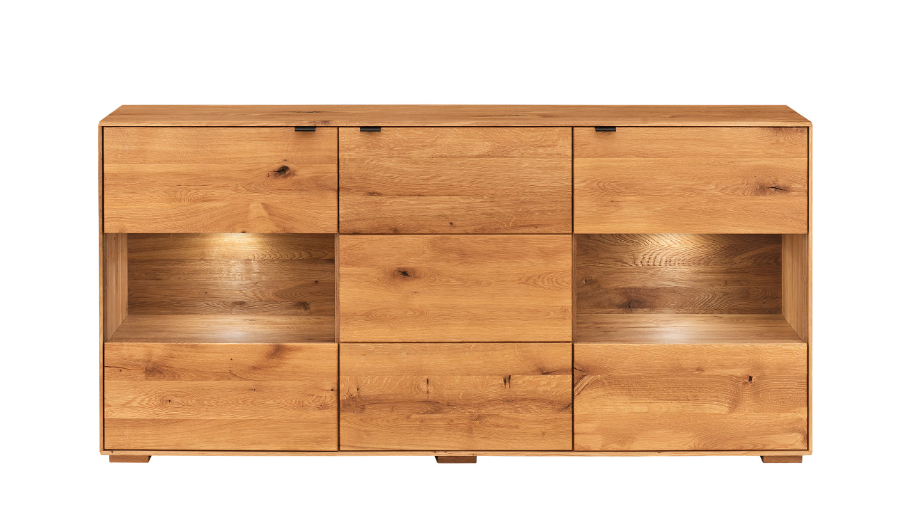 TPT Zerro Sideboard 3-türig mit 2 Glasfronten inkl. Beleuchtung, massiver Kernbuche/Eiche B/H/T 180 x 85 x 42 cm