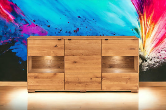 TPT Zerro Sideboard 3-türig mit 2 Glasfronten inkl. Beleuchtung, massiver Kernbuche/Eiche B/H/T 180 x 85 x 42 cm