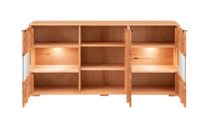 TPT Zerro Sideboard 3-türig mit 2 Glasfronten inkl. Beleuchtung, massiver Kernbuche/Eiche B/H/T 180 x 85 x 42 cm