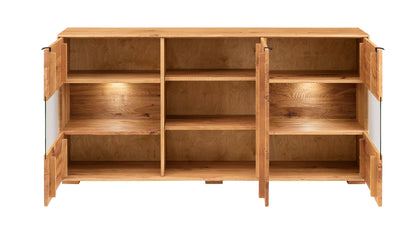 TPT Zerro Sideboard 3-türig mit 2 Glasfronten inkl. Beleuchtung, massiver Kernbuche/Eiche B/H/T 180 x 85 x 42 cm
