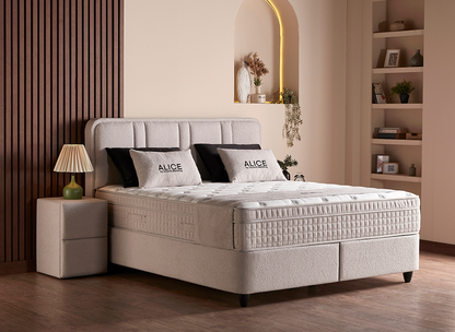 Boxspringbett Alice Beige Voll-orthopädisches Komfortbett mit Bettkasten, Stauraum, inkl. Beleuchtung im Kopfteil, inkl. kostenlose Lieferung und Montage