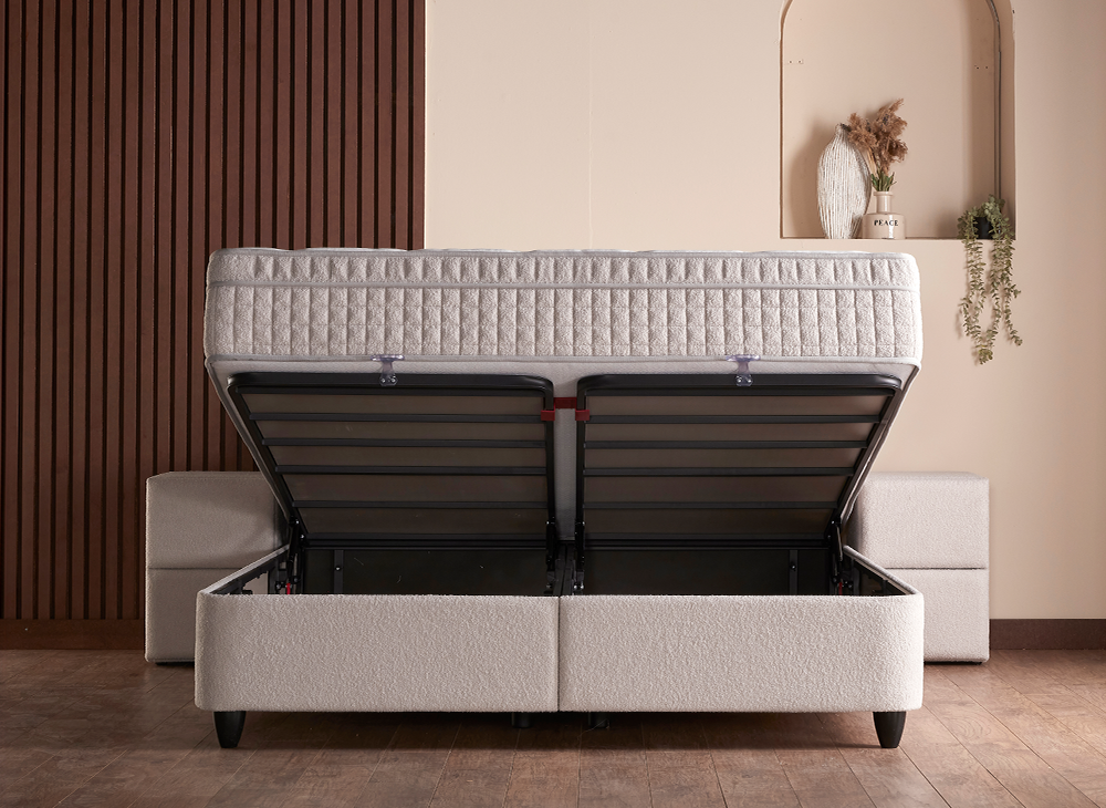 Boxspringbett Alice Beige Voll-orthopädisches Komfortbett mit Bettkasten, Stauraum, inkl. Beleuchtung im Kopfteil, inkl. kostenlose Lieferung und Montage