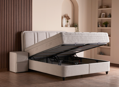 Boxspringbett Alice Beige Voll-orthopädisches Komfortbett mit Bettkasten, Stauraum, inkl. Beleuchtung im Kopfteil, inkl. kostenlose Lieferung und Montage