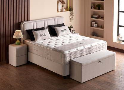 Boxspringbett Alice Beige Voll-orthopädisches Komfortbett mit Bettkasten, Stauraum, inkl. Beleuchtung im Kopfteil, inkl. kostenlose Lieferung und Montage
