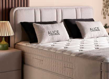 Boxspringbett Alice Beige Voll-orthopädisches Komfortbett mit Bettkasten, Stauraum, inkl. Beleuchtung im Kopfteil, inkl. kostenlose Lieferung und Montage