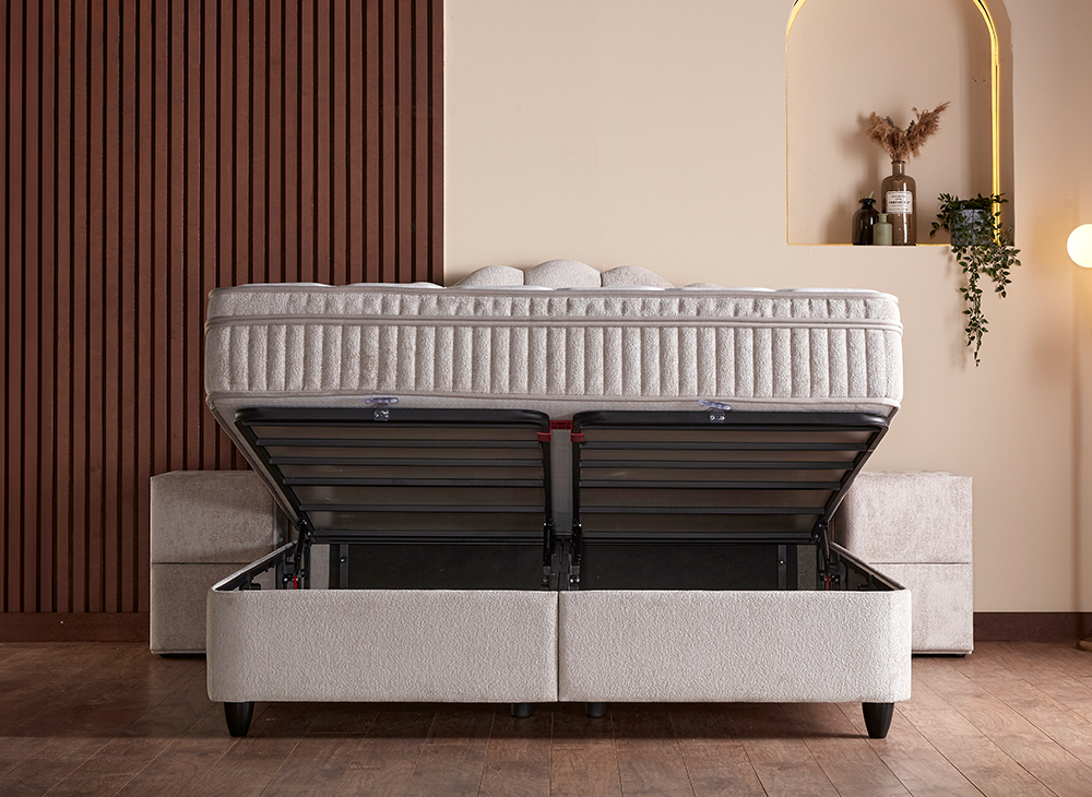 Boxspringbett Cali Beige Voll-orthopädisches Komfortbett mit Bettkasten, Stauraum, inkl. Beleuchtung im Kopfteil, inkl. kostenlose Lieferung und Montage