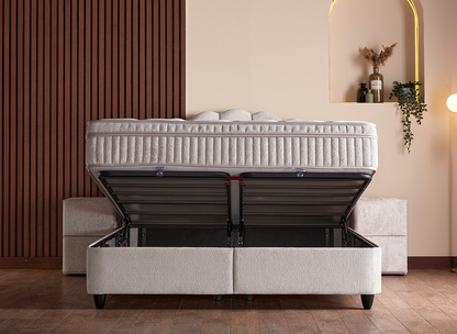 Boxspringbett Cali Beige Voll-orthopädisches Komfortbett mit Bettkasten, Stauraum, inkl. Beleuchtung im Kopfteil, inkl. kostenlose Lieferung und Montage