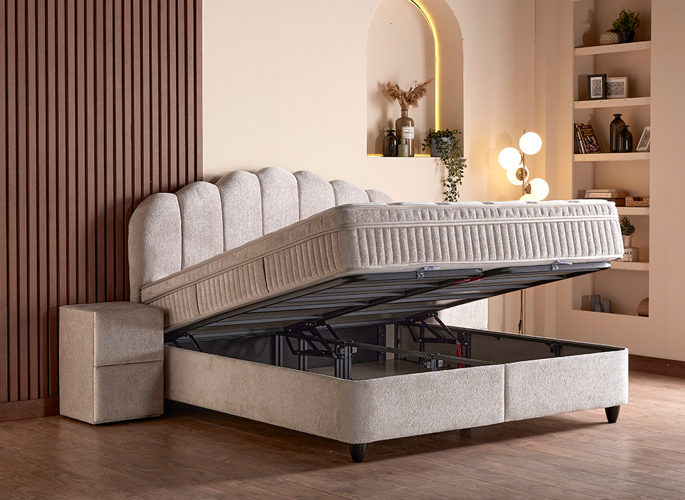 Boxspringbett Cali Beige Voll-orthopädisches Komfortbett mit Bettkasten, Stauraum, inkl. Beleuchtung im Kopfteil, inkl. kostenlose Lieferung und Montage