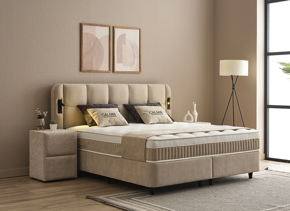 Boxspringbett Calma Beige Voll-orthopädisches Komfortbett mit Bettkasten, Stauraum, inkl. Beleuchtung im Kopfteil, inklusive kostenlose Lieferung und Montage