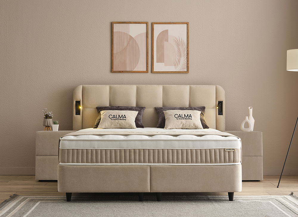 Boxspringbett Calma Beige Voll-orthopädisches Komfortbett mit Bettkasten, Stauraum, inkl. Beleuchtung im Kopfteil, inklusive kostenlose Lieferung und Montage