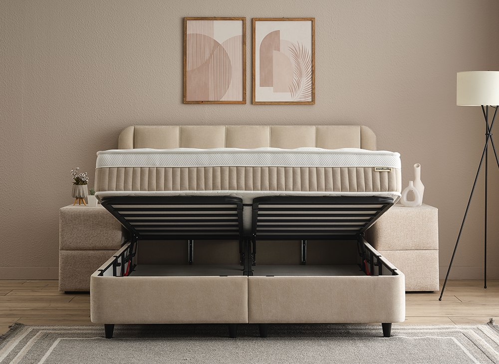 Boxspringbett Calma Beige Voll-orthopädisches Komfortbett mit Bettkasten, Stauraum, inkl. Beleuchtung im Kopfteil, inklusive kostenlose Lieferung und Montage