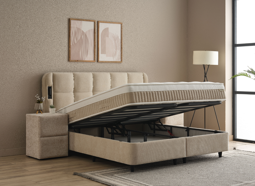 Boxspringbett Calma Beige Voll-orthopädisches Komfortbett mit Bettkasten, Stauraum, inkl. Beleuchtung im Kopfteil, inklusive kostenlose Lieferung und Montage