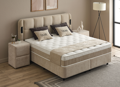 Boxspringbett Calma Beige Voll-orthopädisches Komfortbett mit Bettkasten, Stauraum, inkl. Beleuchtung im Kopfteil, inklusive kostenlose Lieferung und Montage