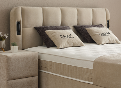 Boxspringbett Calma Beige Voll-orthopädisches Komfortbett mit Bettkasten, Stauraum, inkl. Beleuchtung im Kopfteil, inklusive kostenlose Lieferung und Montage