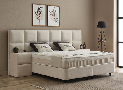 Boxspringbett Conso Beige Voll-orthopädisches Komfortbett mit Bettkasten, Stauraum, inklusive kostenlose Lieferung und Montage