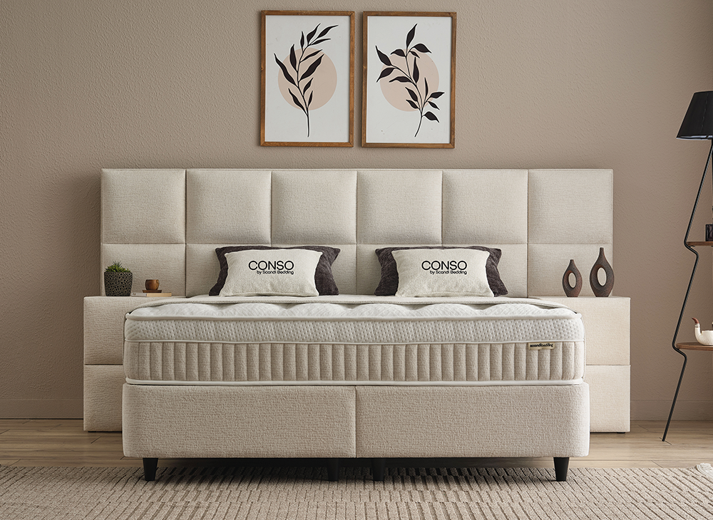 Boxspringbett Conso Beige Voll-orthopädisches Komfortbett mit Bettkasten, Stauraum, inklusive kostenlose Lieferung und Montage
