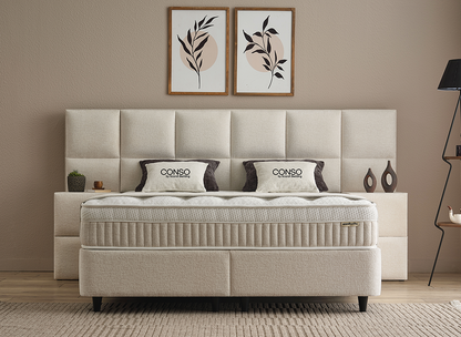 Boxspringbett Conso Beige Voll-orthopädisches Komfortbett mit Bettkasten, Stauraum, inklusive kostenlose Lieferung und Montage