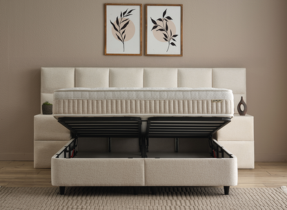 Boxspringbett Conso Beige Voll-orthopädisches Komfortbett mit Bettkasten, Stauraum, inklusive kostenlose Lieferung und Montage