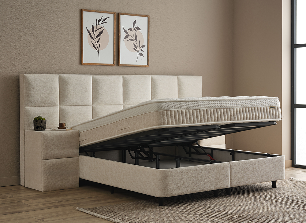 Boxspringbett Conso Beige Voll-orthopädisches Komfortbett mit Bettkasten, Stauraum, inklusive kostenlose Lieferung und Montage