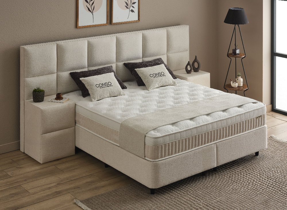 Boxspringbett Conso Beige Voll-orthopädisches Komfortbett mit Bettkasten, Stauraum, inklusive kostenlose Lieferung und Montage