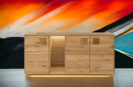 TPT Davos Sideboard 3-türig Wildeiche massiv natur/blanco geölt, inkl. Beleuchtung B/H/T 170 x 80 x 44 cm
