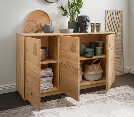 TPT Davos Sideboard 3-türig Wildeiche massiv natur/blanco geölt, inkl. Beleuchtung B/H/T 140 x 80 x 44 cm