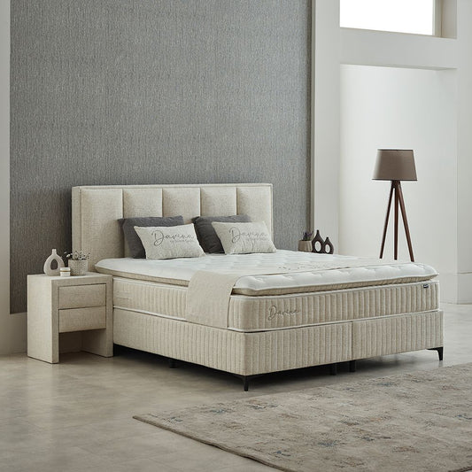 Boxspringbett Davina Beige Voll-orthopädisches Komfortbett mit Bettkasten, Stauraum, inkl. kostenlose Lieferung und Montage