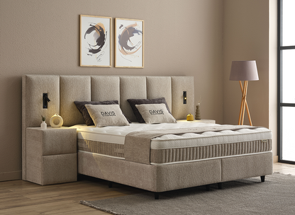 Boxspringbett Davis Beige Voll-orthopädisches Komfortbett mit Bettkasten, Stauraum, inkl. Beleuchtung im Kopfteil, inklusive kostenlose Lieferung und Montage