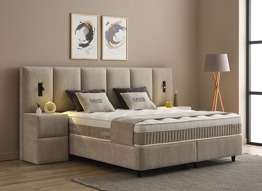Boxspringbett Davis Beige Voll-orthopädisches Komfortbett mit Bettkasten, Stauraum, inkl. Beleuchtung im Kopfteil, inklusive kostenlose Lieferung und Montage