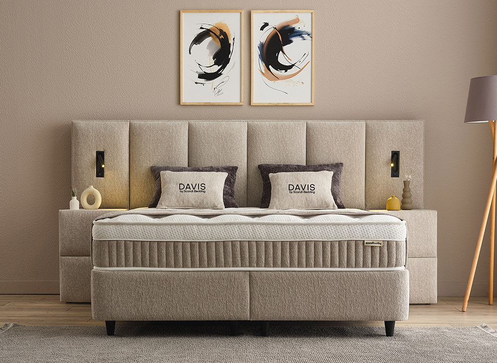 Boxspringbett Davis Beige Voll-orthopädisches Komfortbett mit Bettkasten, Stauraum, inkl. Beleuchtung im Kopfteil, inklusive kostenlose Lieferung und Montage