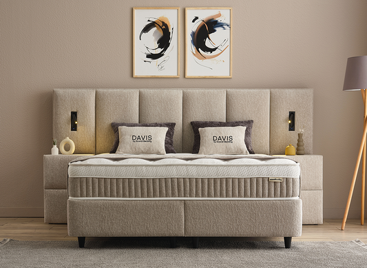 Boxspringbett Davis Beige Voll-orthopädisches Komfortbett mit Bettkasten, Stauraum, inkl. Beleuchtung im Kopfteil, inklusive kostenlose Lieferung und Montage