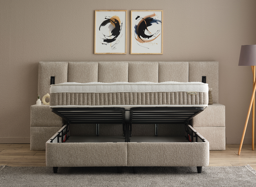 Boxspringbett Davis Beige Voll-orthopädisches Komfortbett mit Bettkasten, Stauraum, inkl. Beleuchtung im Kopfteil, inklusive kostenlose Lieferung und Montage