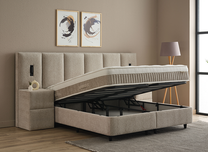 Boxspringbett Davis Beige Voll-orthopädisches Komfortbett mit Bettkasten, Stauraum, inkl. Beleuchtung im Kopfteil, inklusive kostenlose Lieferung und Montage