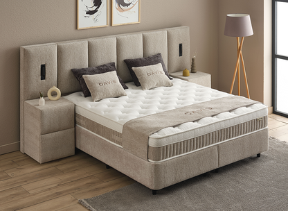 Boxspringbett Davis Beige Voll-orthopädisches Komfortbett mit Bettkasten, Stauraum, inkl. Beleuchtung im Kopfteil, inklusive kostenlose Lieferung und Montage