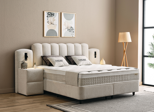 Boxspringbett Dream Cremebeige Voll-orthopädisches Komfortbett mit Bettkasten, Stauraum, inkl. Beleuchtung im Kopfteil, inklusive kostenlose Lieferung und Montage