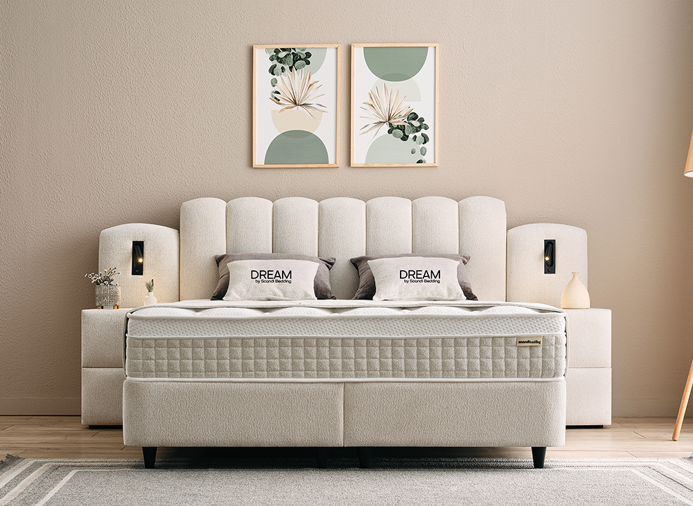 Boxspringbett Dream Cremebeige Voll-orthopädisches Komfortbett mit Bettkasten, Stauraum, inkl. Beleuchtung im Kopfteil, inklusive kostenlose Lieferung und Montage