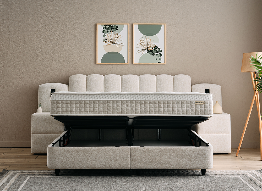 Boxspringbett Dream Cremebeige Voll-orthopädisches Komfortbett mit Bettkasten, Stauraum, inkl. Beleuchtung im Kopfteil, inklusive kostenlose Lieferung und Montage