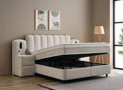 Boxspringbett Dream Cremebeige Voll-orthopädisches Komfortbett mit Bettkasten, Stauraum, inkl. Beleuchtung im Kopfteil, inklusive kostenlose Lieferung und Montage