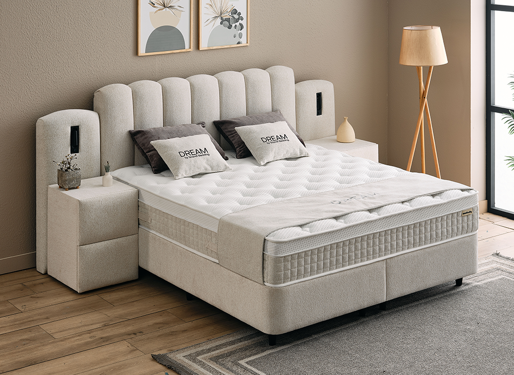 Boxspringbett Dream Cremebeige Voll-orthopädisches Komfortbett mit Bettkasten, Stauraum, inkl. Beleuchtung im Kopfteil, inklusive kostenlose Lieferung und Montage
