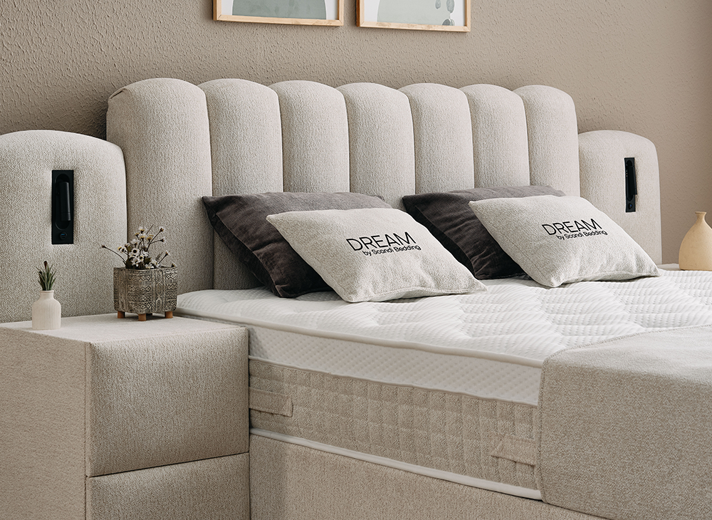 Boxspringbett Dream Cremebeige Voll-orthopädisches Komfortbett mit Bettkasten, Stauraum, inkl. Beleuchtung im Kopfteil, inklusive kostenlose Lieferung und Montage