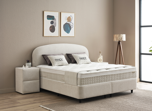 Boxspringbett Fancy Beige Voll-orthopädisches Komfortbett mit Bettkasten, Stauraum, inkl. Beleuchtung im Kopfteil, inkl. kostenlose Lieferung und Montage