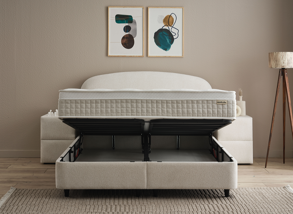 Boxspringbett Fancy Beige Voll-orthopädisches Komfortbett mit Bettkasten, Stauraum, inkl. Beleuchtung im Kopfteil, inkl. kostenlose Lieferung und Montage