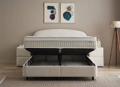 Boxspringbett Fancy Beige Voll-orthopädisches Komfortbett mit Bettkasten, Stauraum, inkl. Beleuchtung im Kopfteil, inkl. kostenlose Lieferung und Montage