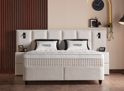 Boxspringbett Lennon Creme Voll-orthopädisches Komfortbett mit Bettkasten, Stauraum, inkl. Beleuchtung im Kopfteil, inklusive kostenlose Lieferung und Montage