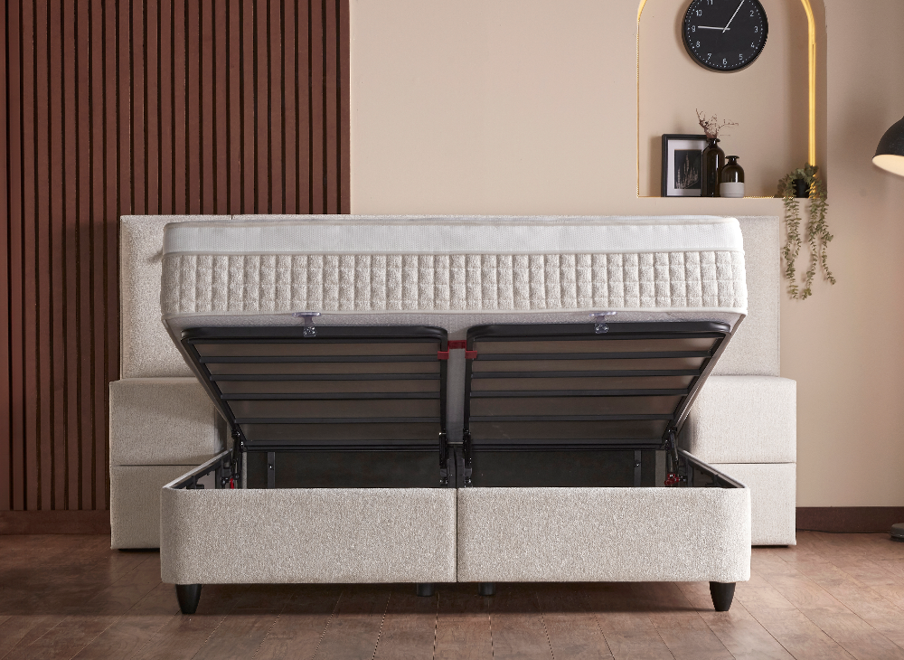 Boxspringbett Lennon Creme Voll-orthopädisches Komfortbett mit Bettkasten, Stauraum, inkl. Beleuchtung im Kopfteil, inklusive kostenlose Lieferung und Montage