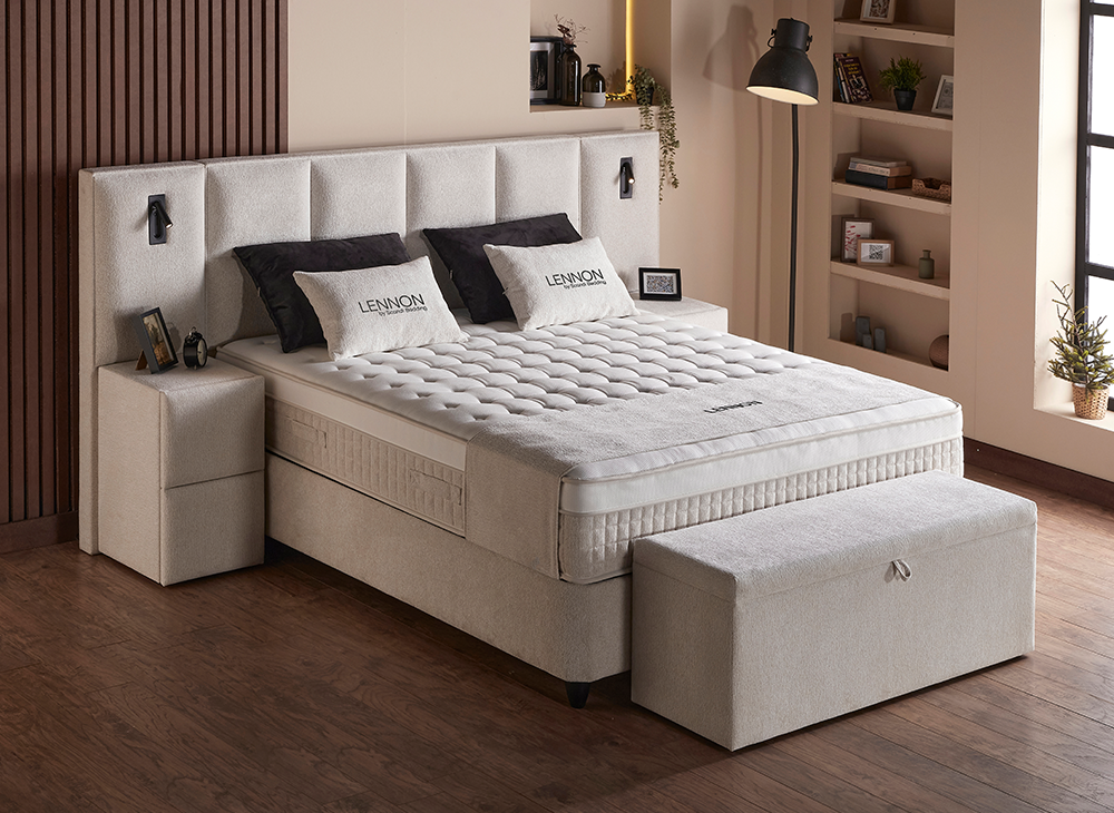 Boxspringbett Lennon Creme Voll-orthopädisches Komfortbett mit Bettkasten, Stauraum, inkl. Beleuchtung im Kopfteil, inklusive kostenlose Lieferung und Montage