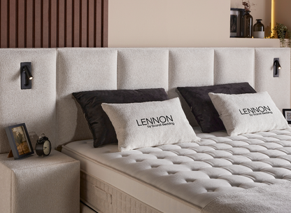 Boxspringbett Lennon Creme Voll-orthopädisches Komfortbett mit Bettkasten, Stauraum, inkl. Beleuchtung im Kopfteil, inklusive kostenlose Lieferung und Montage