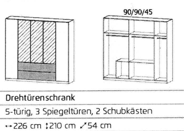 Drehtürenschrank Oakland 5-türig mit 3 Spiegeltüren und 2 Schubladen B/H/T 226 x 210 x 54 cm